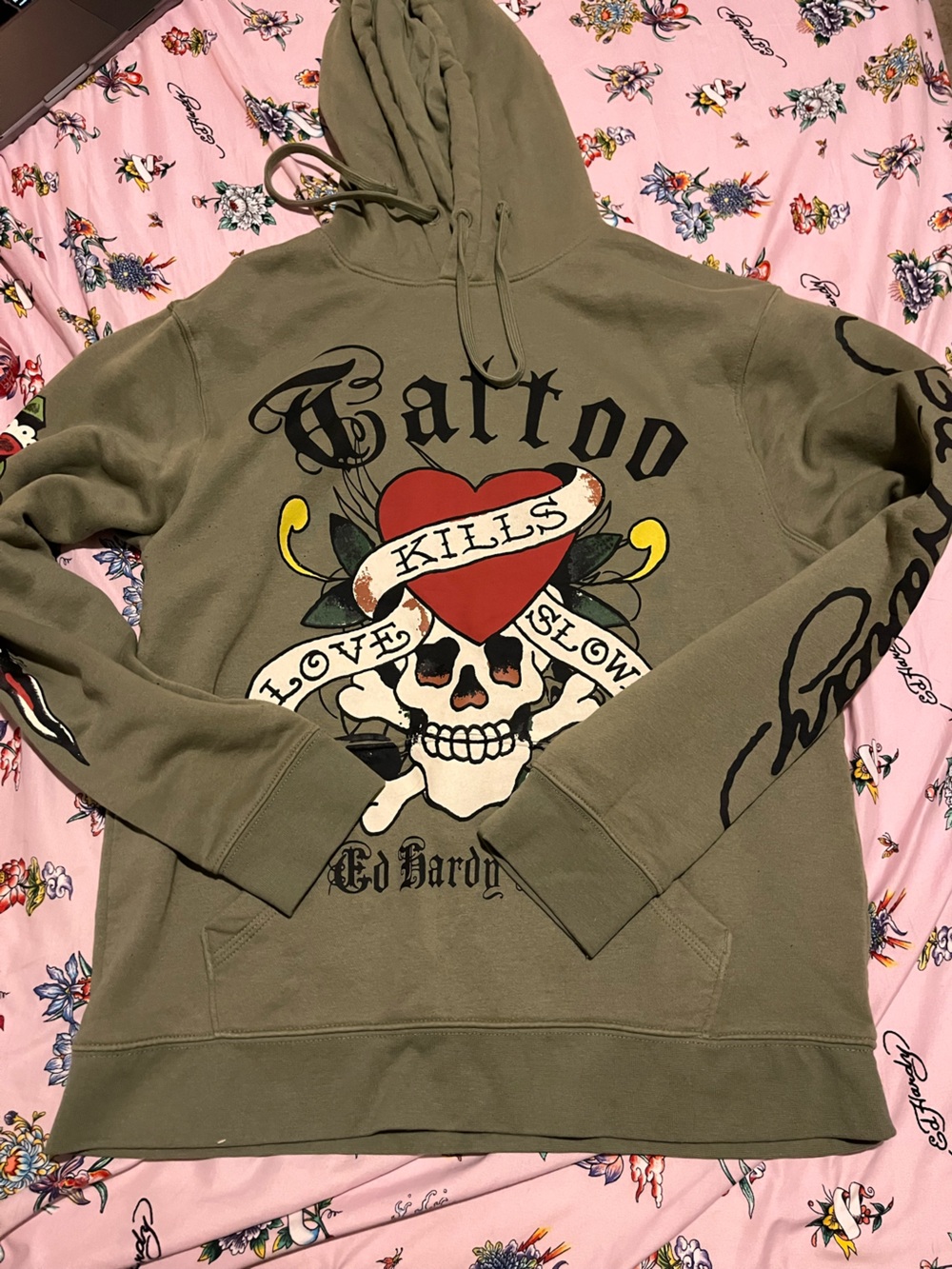 Ed Hardy Olive Green Zip-Up Hoodie with Red Heart & Black Skull Graphic